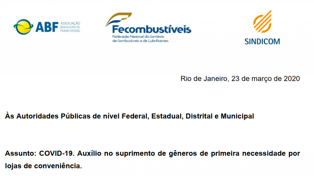 Carta Conjunta (ABF, FECOMBUSTÍVEIS e SINDICOM) – Auxílio no suprimento de gêneros de primeira necessidade por lojas de conveniência